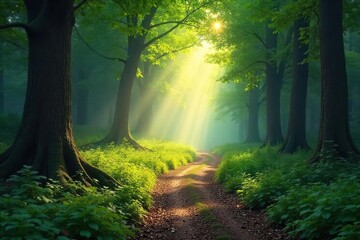 Fototapeta premium Sun-dappled forest path winding through ancient woods, sunlight filtering through leaves, creating a magical atmosphere Perfect for fantasy, nature, or fairytale themes , spring, shadow