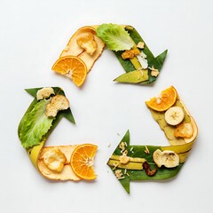 A creative recycling icon made of banana peels and lettuce, symbolizing responsible waste management.  