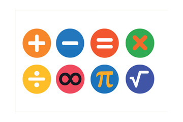 Flat vector icons of mathematical symbols: plus, minus, equal, multiplication, division, infinity, pi, square root.