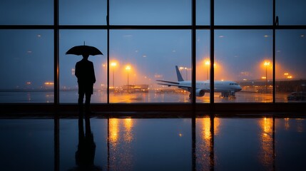 A solitary figure with an umbrella stands inside a rainy airport terminal, gazing through rain-speckled windows at a brightly lit airplane parked outside.