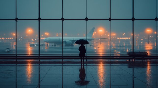 Silhouetted figure with umbrella gazes through large airport window at glowing airplane on foggy runway, reflections shimmer on polished floor beneath moody, misty light