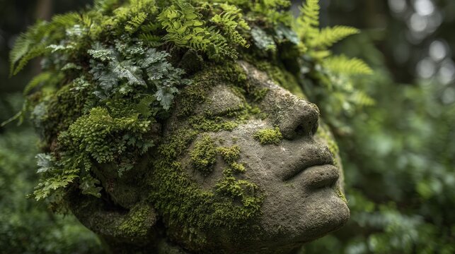 Stone face sculpture entwined with moss and leaves, embodying serene harmony as nature reclaims and blends art with the living greenery surrounding it