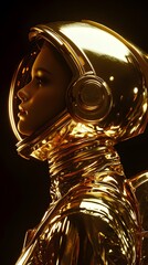 Fototapeta premium Golden astronaut profile against a black background.