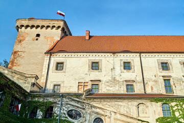 Medieval, historic castle with a tower in the city of Otmuchow