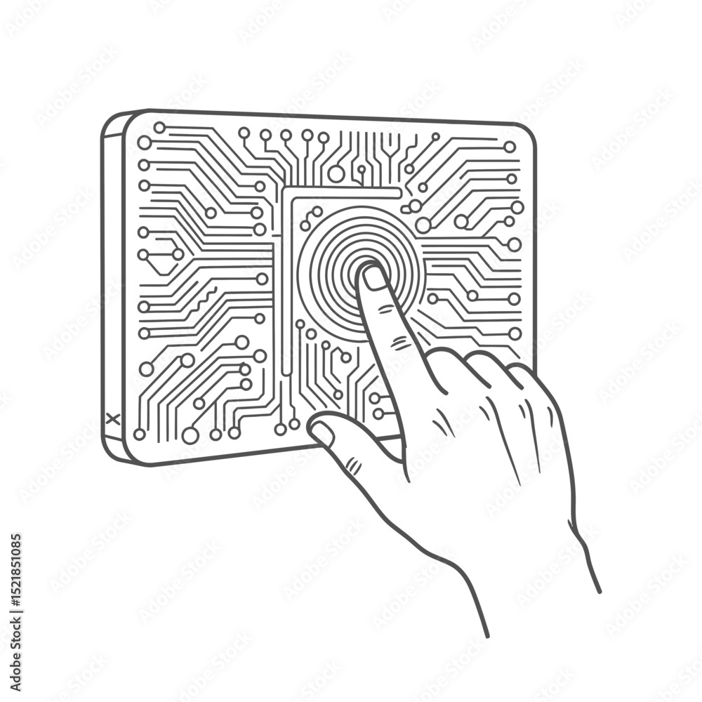 Poster hand touching a circuit board icon in a minimalistic style