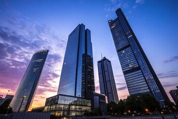 Fototapeta premium Soaring Modern Skyscrapers with Sleek Glass Facades Against a Clear Blue Sky, Embodying Corporate Power and Urban Development
