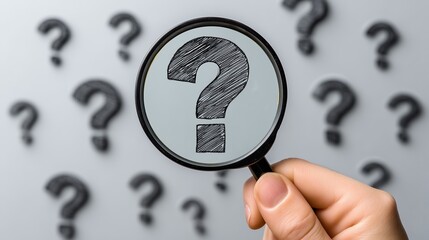 Hand holding magnifying glass focusing on a large question mark with blurred question marks in the background symbolizing curiosity and the search for answers