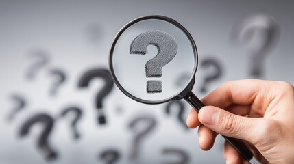 Magnified question mark under magnifying glass with blurred question marks in background symbolizing focus and investigation in a sea of uncertainty