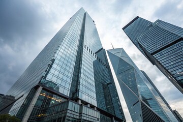 Obraz premium Soaring Modern Skyscrapers with Sleek Glass Facades Against a Clear Blue Sky, Embodying Corporate Power and Urban Development