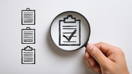 Hand holding magnifying glass focusing on checklist clipboard icon among three vertically aligned clipboards on light background