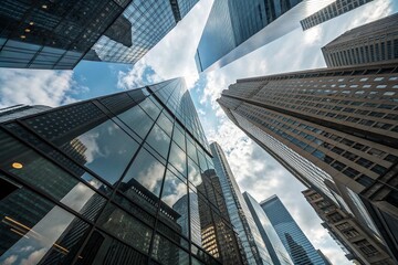 Soaring Modern Skyscrapers with Sleek Glass Facades Against a Clear Blue Sky, Embodying Corporate Power and Urban Development