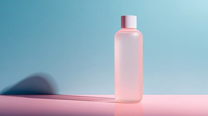 Translucent frosted plastic bottle with white cap stands on reflective pink surface soft shadow and gradient blue background create a clean, minimalistic aesthetic.