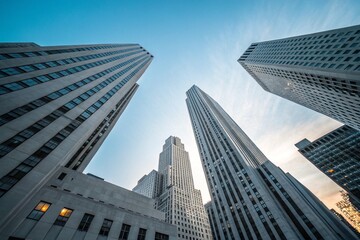 Obraz premium Soaring Modern Skyscrapers with Sleek Glass Facades Against a Clear Blue Sky, Embodying Corporate Power and Urban Development