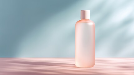 Soft peach frosted bottle with rounded cap sits on flat surface bathed in natural sunlight casting gentle shadows minimalistic skincare aesthetic with blurred cool-toned background.