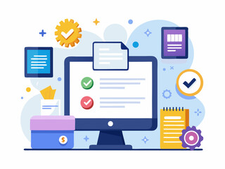 Minimalist office desktop with invoice approval interface and digital financial processing symbols