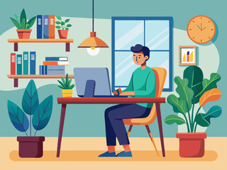 Productive home office scene with employee working surrounded by greenery and reading materials