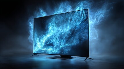 Futuristic flat-screen television emits vivid blue flames against a dark background creating a dynamic and intense visual effect.