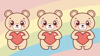 Three adorable teddy bears holding hearts on a pastel rainbow background illustration