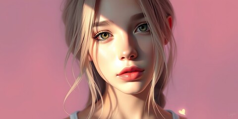 Obraz premium A close-up portrait of a beautiful woman with light hair and green eyes, with a shaft of sunlight highlighting her face against a soft pink background, creating a dreamy and romantic look.