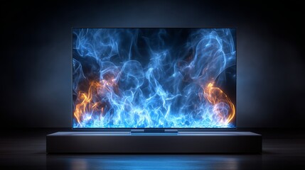 Futuristic holographic display projects swirling blue and orange ethereal flames above a sleek black pedestal in a dark, high-tech environment
