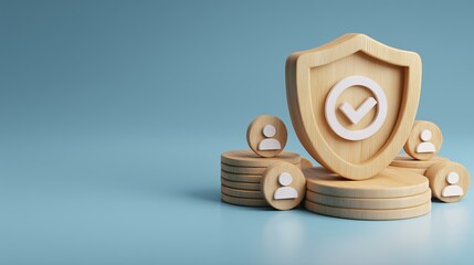 3D wooden shield with checkmark symbolizes security and protection. Surrounding user icons on wooden discs indicate trusted user verification and safety.