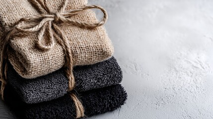 Stack of folded dark fabrics topped with rustic burlap tied in twine rests on a textured light surface, showcasing simple, minimalist arrangement and natural textures.