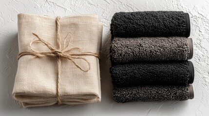 Two neatly folded sets of towels tied with twine contrast soft beige with deep grey tones on a textured light surface, showcasing rustic simplicity and modern elegance in textile display