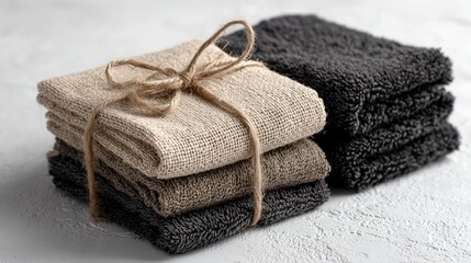 Two neatly folded stacks of neutral and dark towels rest on a textured surface, featuring a woven towel tied with a rustic string on top of one pile.