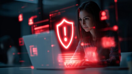Young woman focused on laptop in dark room surrounded by red cybersecurity alert icons and warning symbols highlighting digital security threats.