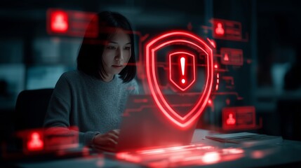 Woman working on laptop surrounded by glowing red holographic security alert icons. Digital shield with exclamation mark highlights urgent cybersecurity threat in dark setting.