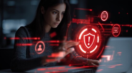 Focused woman working on laptop surrounded by red cybersecurity icons and a warning shield symbol indicating a digital security alert and protection measures in progress
