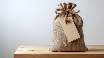Rustic burlap sack tied with twine bow and blank beige tag resting on a light wooden surface against a plain background