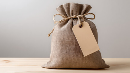 Rustic burlap drawstring bag with twine and brown tag rests on wooden surface against neutral background, evoking natural and eco-friendly packaging concepts.