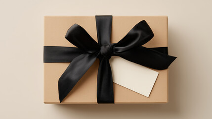 Beige gift box wrapped in a black ribbon bow with a blank white tag rests on a neutral beige background creating a minimalist and elegant composition