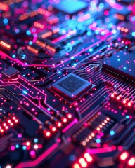 Obraz premium Intricate Nano Circuit Board Design with Neon Lightning Technology and Minimalist Aesthetics