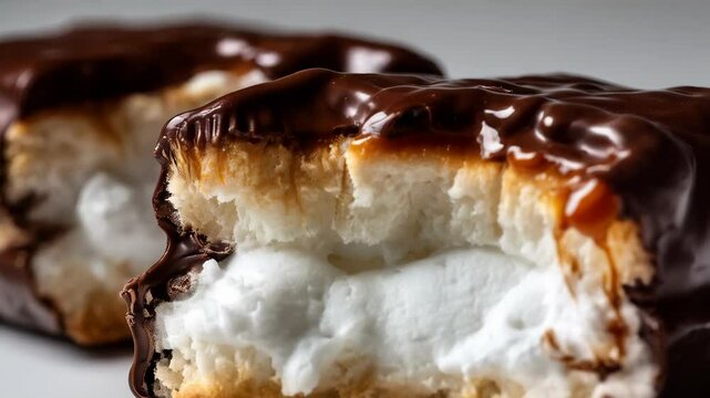 Delicious chocolate covered marshmallow treat partially eaten, macro food photography close up for dessert, bakery or candy confectionary product