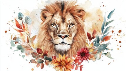 Majestic Lion Watercolor Painting with Floral Background and Colorful Leaves