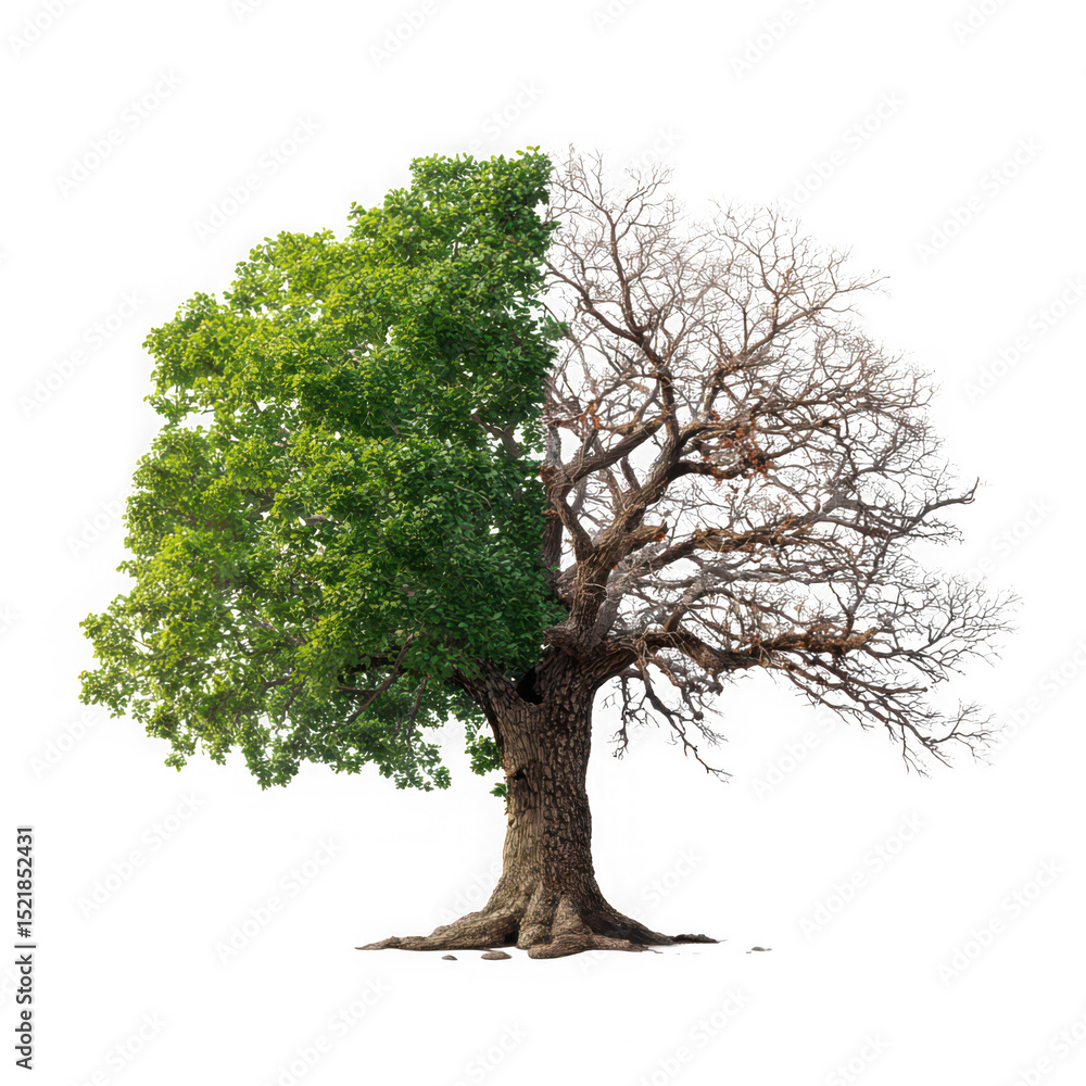 Poster 3d realistic split tree half green half bare isolated on transparent background