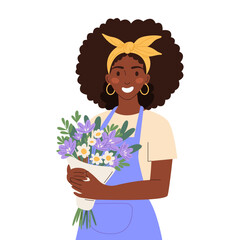 Young female florist with a fresh, vibrant bouquet of purple and white flowers. Modern flat hand drawn vector illustration of woman character for floral shop, gift, small business, celebration themes