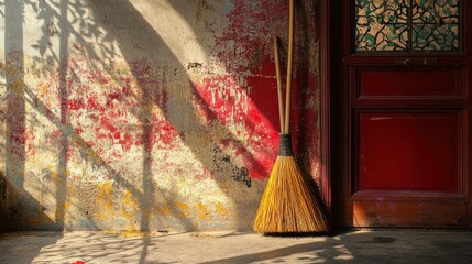 An old broom resting against a textured wall near a door