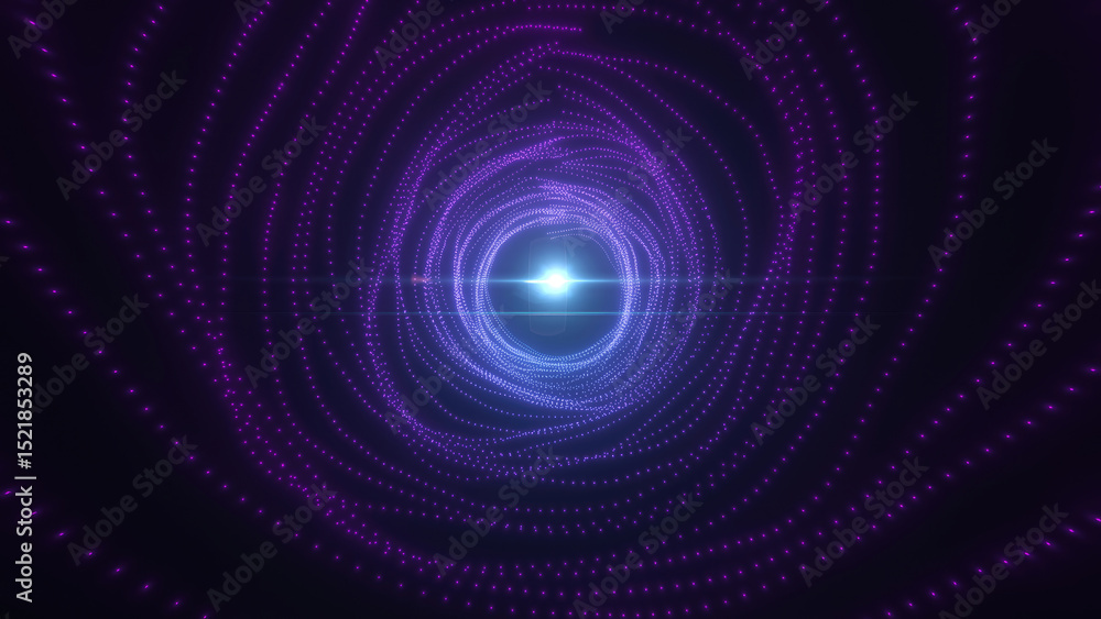 Poster purple and blue neon tunnel digital vortex with intricate wireframe patterns, symbolizing virtual re