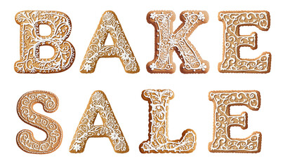 Bake Sale Text Composed of Gingerbread Cookies with Glaze Isolated on White and Png Transparent Background