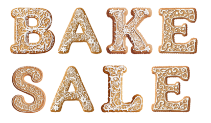 Bake Sale Text Composed of Gingerbread Cookies with Glaze Isolated on White and Png Transparent Background