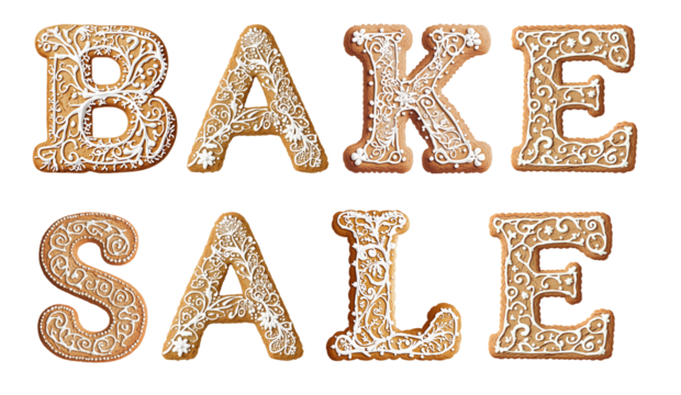 Bake Sale Text Composed of Gingerbread Cookies with Glaze Isolated on White and Png Transparent Background