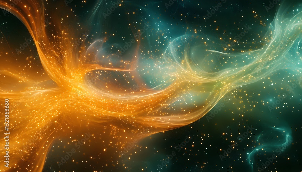 Poster abstract swirling patterns of glowing particles in space.