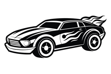 Fototapeta premium Stylized Silhouette of a Black Racing Car with Flames and Racing Stripes Graphic