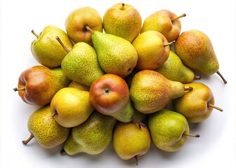 Pile of colorful Bosc pears on white background, close up view.