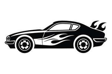 Black Retro Car with Flames and Spoiler, Vector Illustration for Print Design