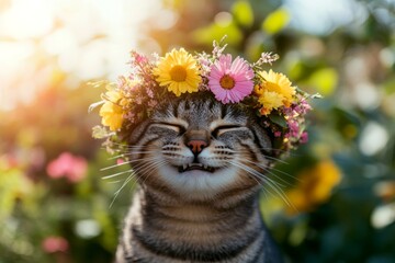 Cute adult cat egyptian mau wearing fierce flower circlet on its head. Warm season happiness. Dawn light. Pet with natureâ€™s beauty. Cat in a blooming meadow. Flower-themed happiness for cats.
