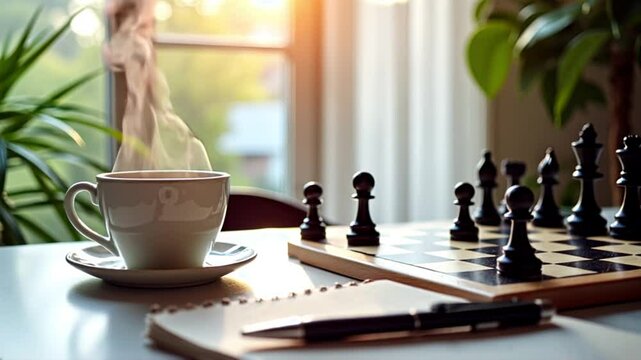 Hot coffee cup beside chessboard with notes in bright room  